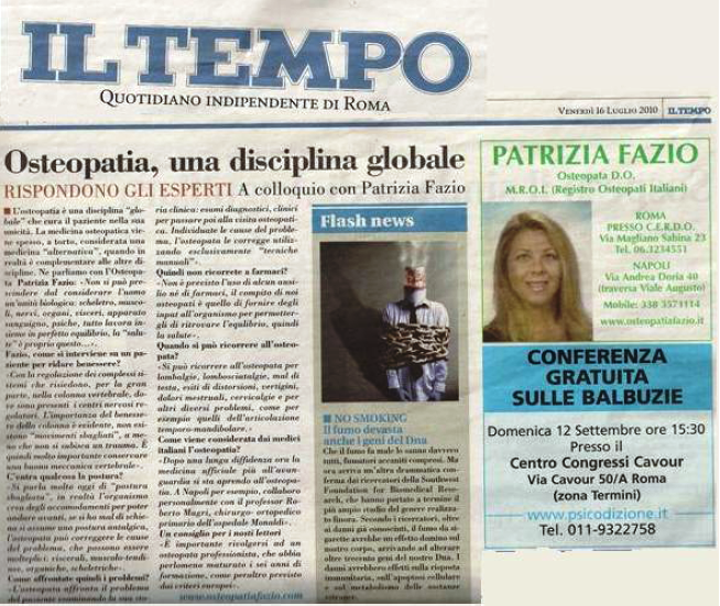 Osteopatia, una disciplina globale, articolo di giornale scritto dalla dott.ssa Patrizia Fazio